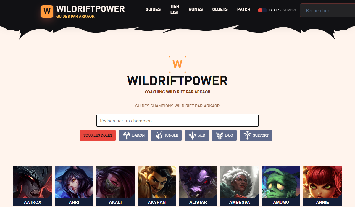 Apercu de la page d accueil Wildriftpower